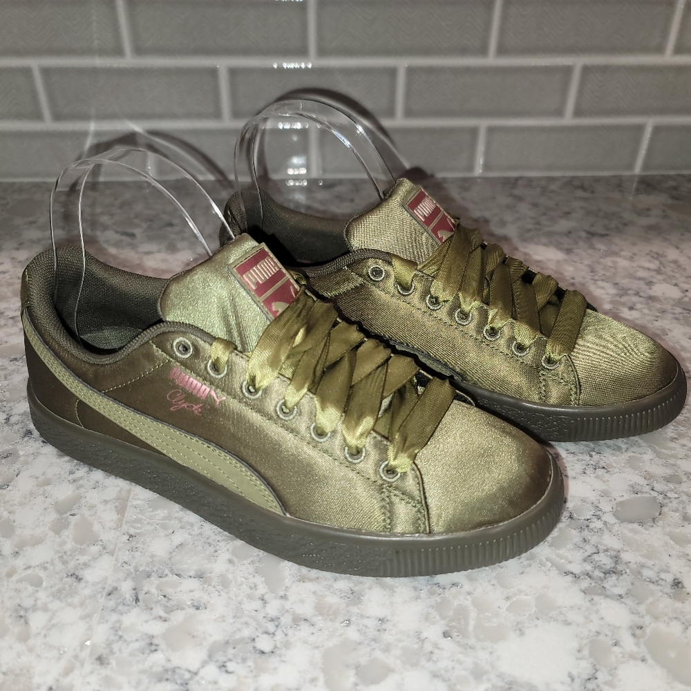 Women's Puma Clyde Satin Olive Avacado Night Fashion Trendy Sneakers Sz: 7